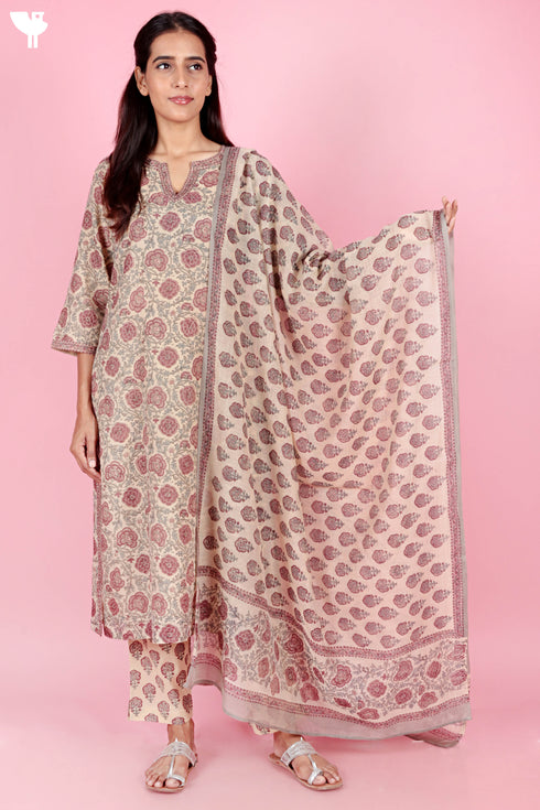 Chanderi Silk Kurta Pant and Dupatta Set With Block Print